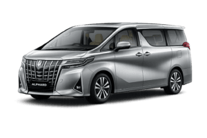 Toyota Alphard abu-abu tampak samping untuk layanan sewa mobil premium Bandung dengan driver profesional