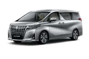Toyota Alphard abu-abu tampak samping untuk layanan sewa mobil premium Tangerang dengan driver profesional