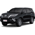 Toyota Fortuner hitam tampak serong depan dan samping untuk layanan sewa mobil premium Tangerang dengan driver profesional