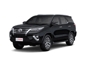 Toyota Fortuner hitam tampak serong depan dan samping untuk layanan sewa mobil premium Bandung dengan driver profesional