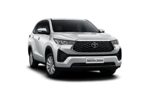 Toyota Innova Zenix type G putih tampak depan untuk layanan sewa mobil Tangerang dengan driver profesional