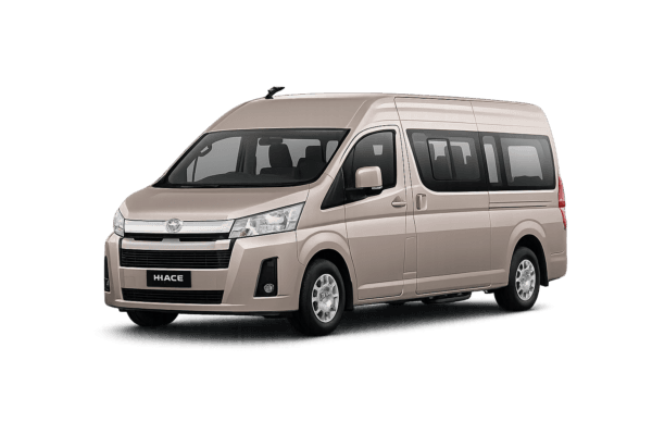 Toyota Hiace Premio coklat muda metallic tampak serong depan dan samping untuk layanan sewa Hiace Tangerang dengan driver profesional