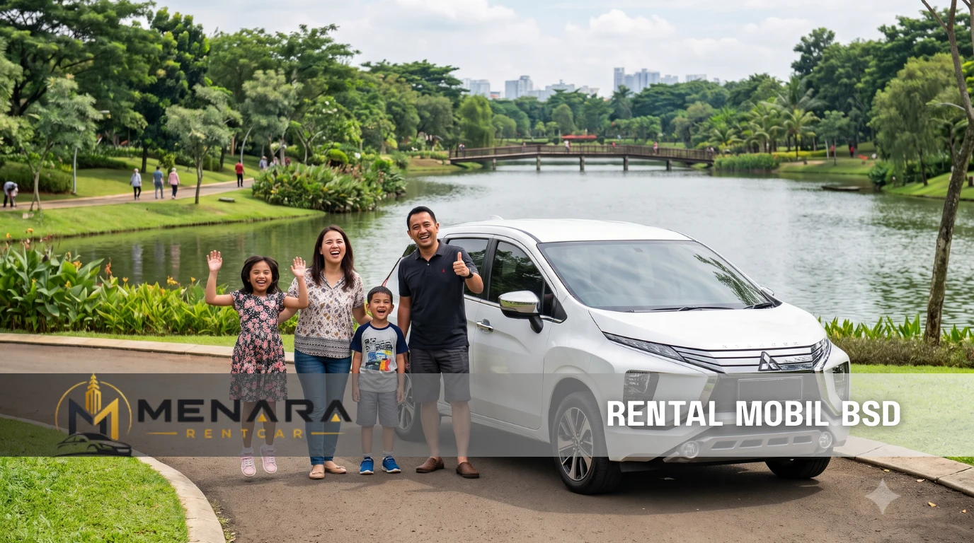 Keluarga bahagia berdiri di samping mobil putih Mitsubishi Xpander, menikmati liburan di taman danau BSD City dengan layanan rental mobil BSD dari Menara Rent Car.